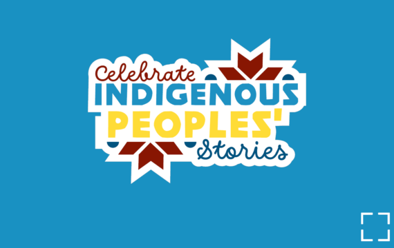 Graphic with text 'Celebrate Indigenous Peoples' Stories' on a bright blue background. The text is stylized with 'Celebrate' in cursive red, 'INDIGENOUS' in large blue capital letters, 'PEOPLES'' in yellow capital letters, and 'Stories' in cursive blue. The text is framed by white shapes and decorative red geometric elements resembling simplified feathers or arrowheads at the top and bottom.